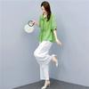 Set di Pantaloni Larghi alla Moda in Cotone e Lino da Donna Primavera Estate Dimagrante Elegante Anti-invecchiamento Taglia Grande Due Pezzi