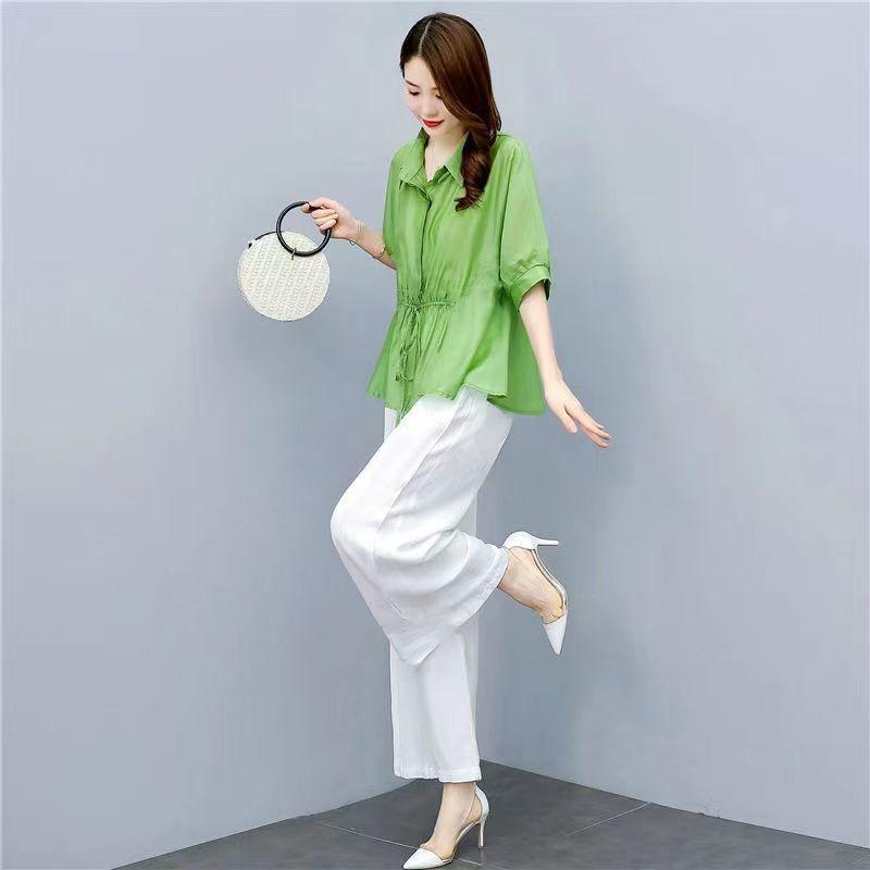

Fashionable Cotton Linen Wide Leg Pants Set Women s Spring Summer Slimming Elegant Anti-aging Large Size Two-piece 3XL світло-зелений колір
