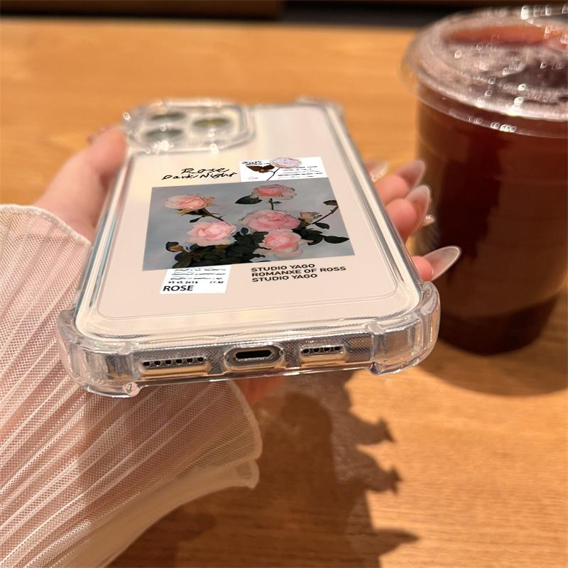Case For iPhone 16 15 14 13 12 11 Pro Max 7 8 15 16 Plus X XR XS Max SE Cute Rose Flower Transparent Silicone Soft Cover