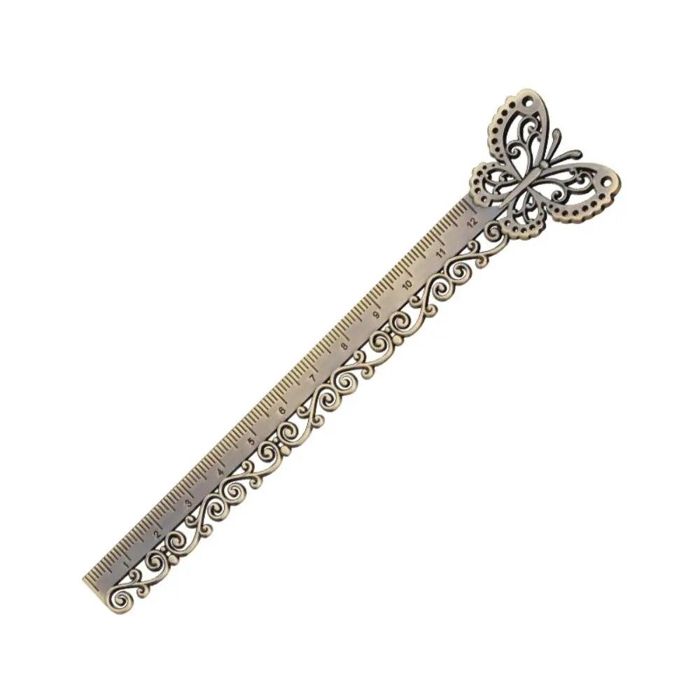 1Pc Vintage Metal Hollowed Butterfly Ginkgo Fine Carving Ruler Measuring Tool Multi-functional Straight Ruler Bookmark School Supply