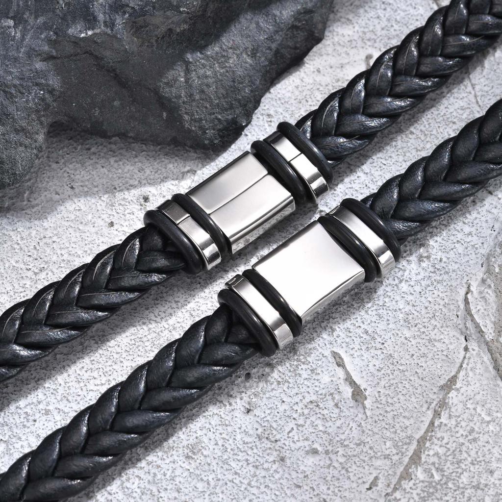Initials Leather Bracelet for Men Boys,Stainless Steel A-Z 26 Letter Charm Woven Wristband,Casual Jewelry Gift To Father Husband