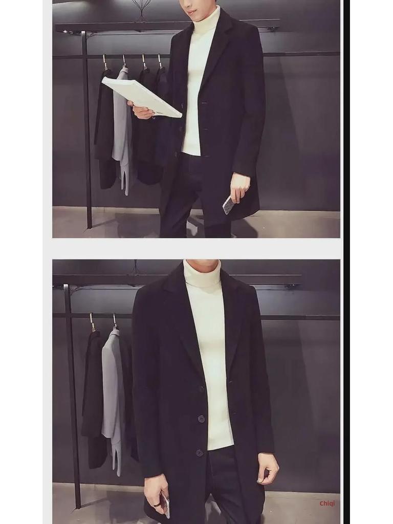 Red Woolen Men's Mid-Length Korean Style Slim Windbreaker Coat