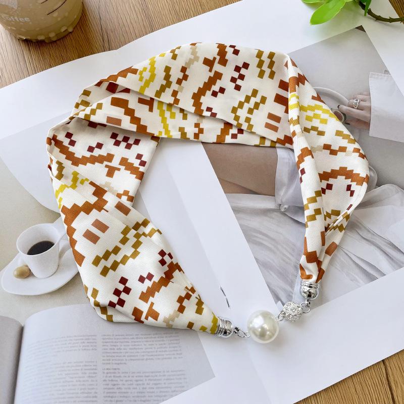 > New Magnetic Pearl Silk Scarf Necklace: Versatile High-End Neckerchief & Wrist Scarf