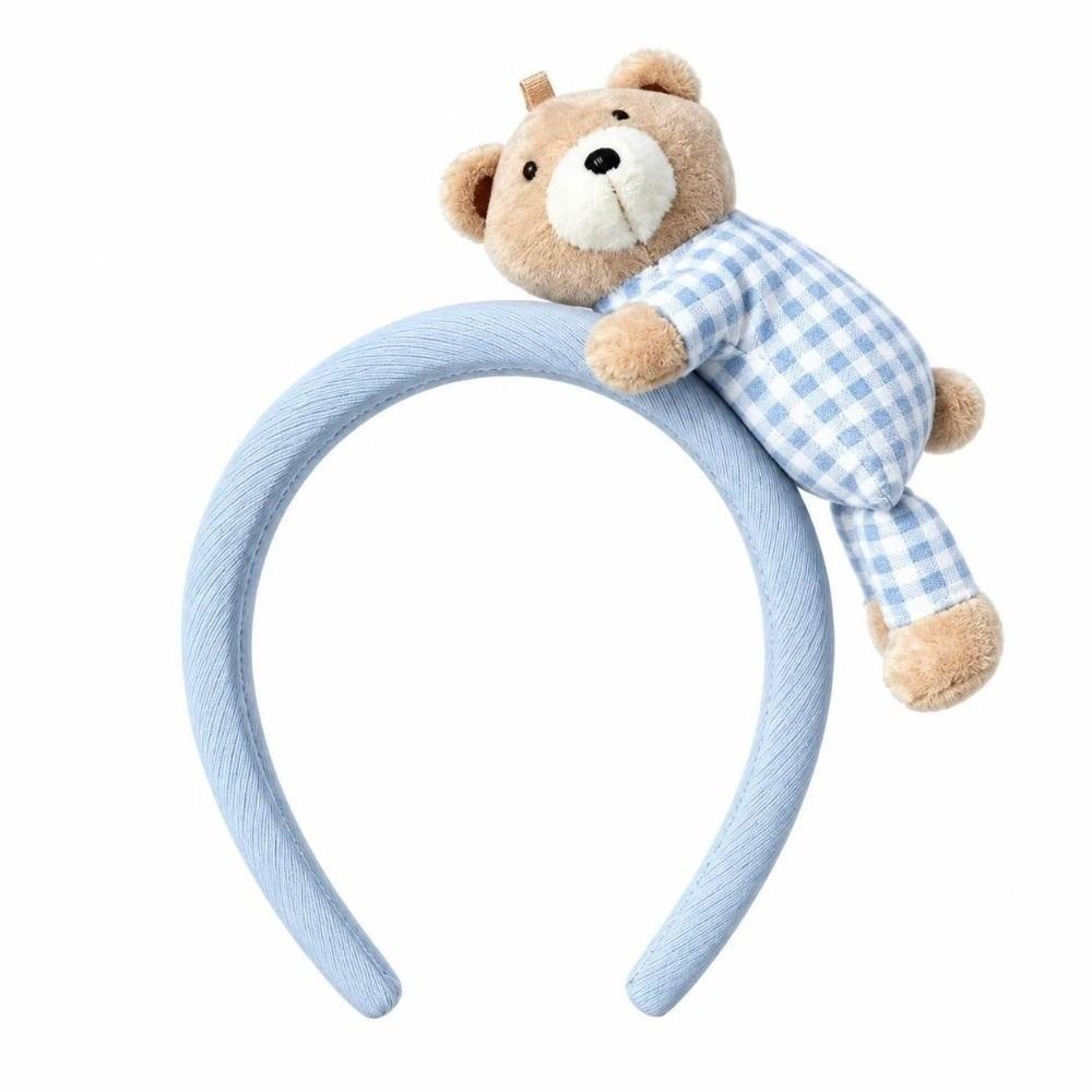 Elastic Cute Hair Hoops Soft Lay Down Bear Hairbands Gingham Tiaras Cartoon Bear Headwear Makeup