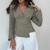 Women's V Neck Fashion Commuter Waist Pleated Asymmetric Hem Women's Shirt Long Bell Sleeve Tops for Women