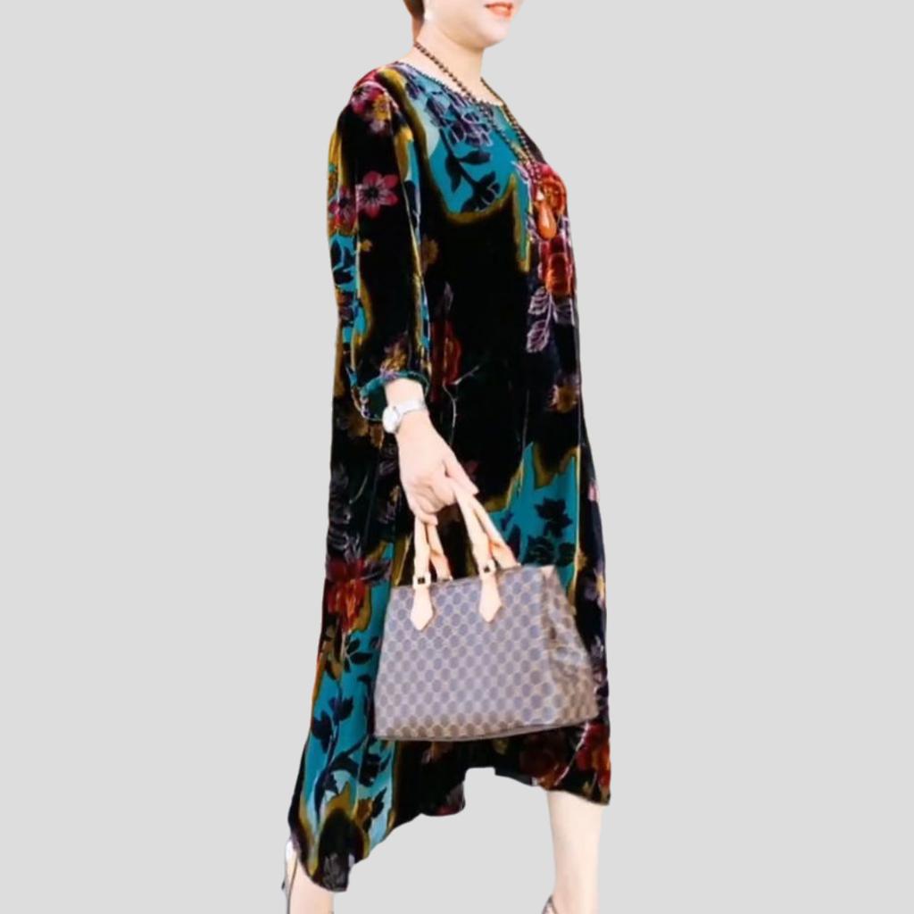 Frühling/Sommer Damen Übergröße Kleid Vintage Bedrucktes Samtkleid Lockerer Rundhalsausschnitt Langes Blumenkleid