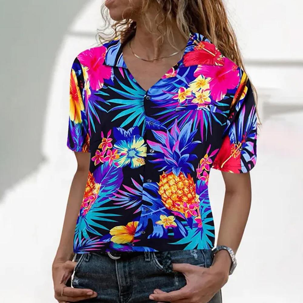 Stile Hawaiano Stampa 3D Monopetto Donna Camicia Hawaiana Moda Collo a Revers T-Shirt Estiva Manica Corta Donna