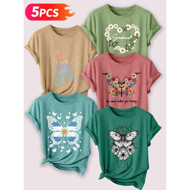 Go for a specific forest-themed, fresh floral and butterfly artistic aesthetic print Five-piece set of women's short-sleeve tops Elegant summer