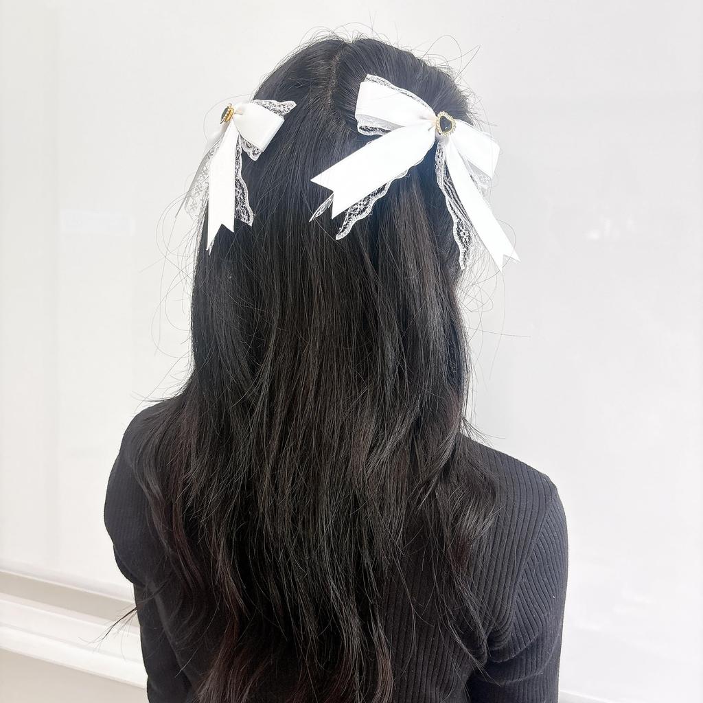 Set of 2 White Lace Ribbon Clips with Heart Jeweled Ribbons, Lolita, Dreamy Kawaii, Gothic Lolita Hair Clips, Hairpins, Hair Accessories [Used]