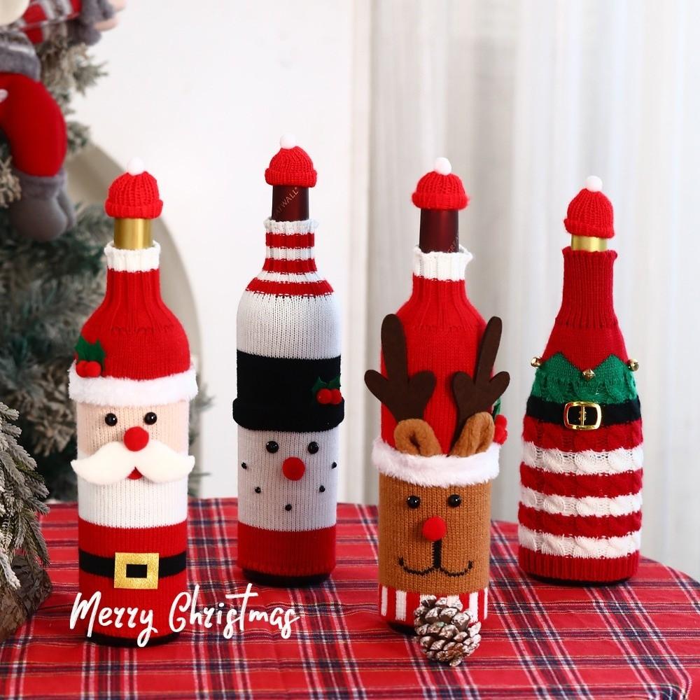 Elk Wine Bottle Cover with Mini Santa Hat Beer Bottle Cover Christmas Knitted Bottle Cover Gift
