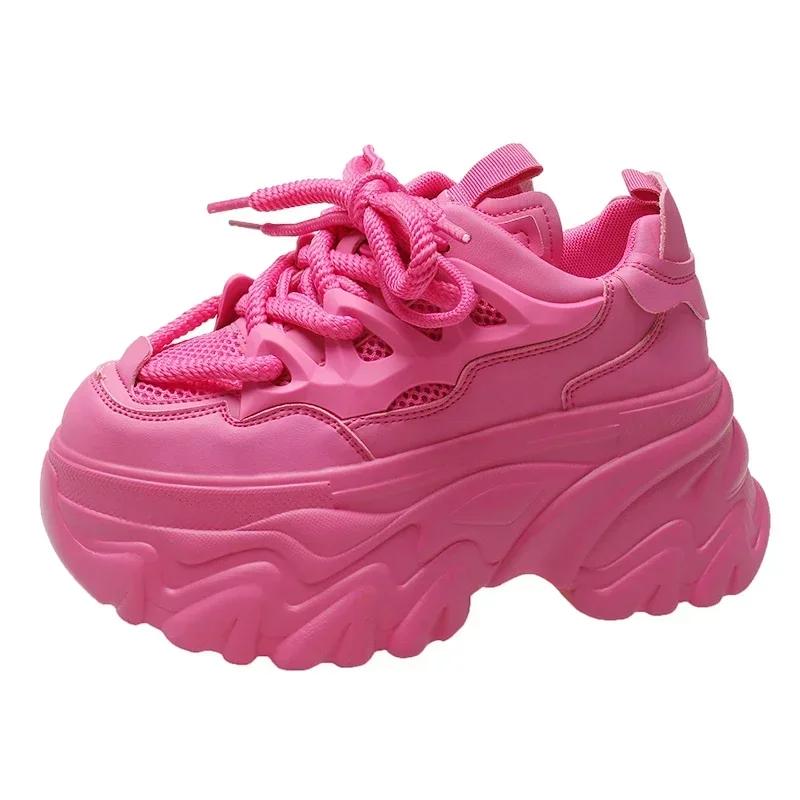 Fashion 8.5cm Women Platform Sneakers Lace-up Autumn Sports Dad Shoes High Top Chunky Casual Shoes Woman Thick Bottom Mesh White Shoes