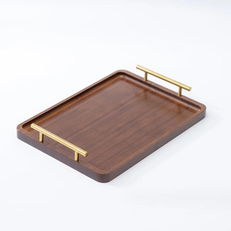 Vintage Nanmu Bamboo Tea Tray with Dual Metal Handles Kosher Je New Year & Festival Serving Platter for Cups/Cakes