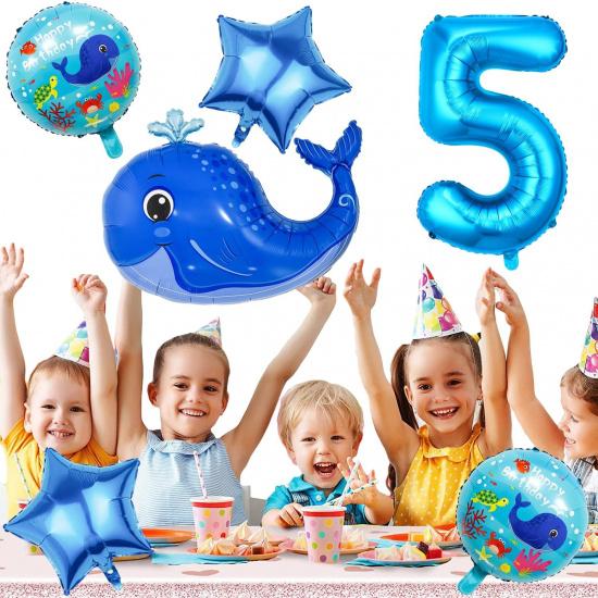 5th Birthday Whale Balloons, Blue, 9 Count, Ocean Theme, Boys & Girls