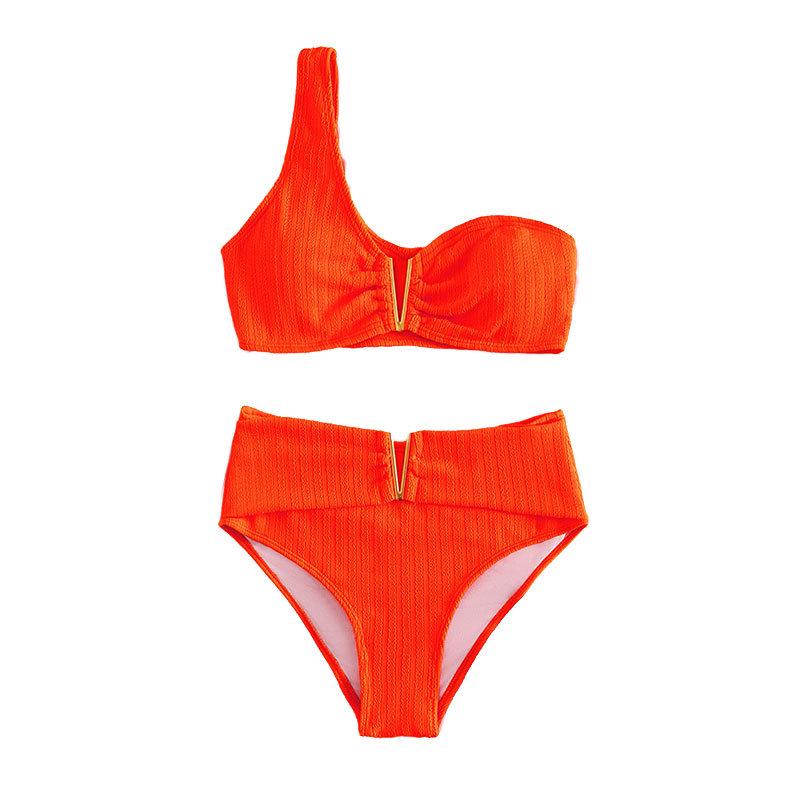 European-American Style 2025 One-Shoulder Solid Color Bikini Swimsuit for Women