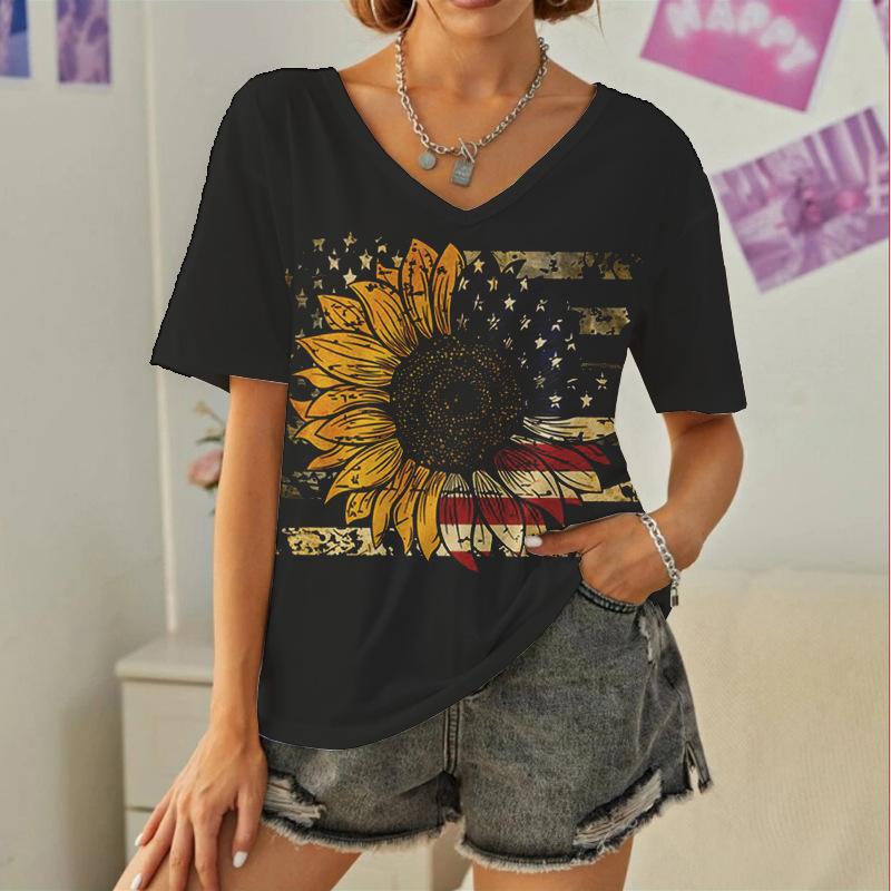 

Летний топ с V-образным вырезом и принтом 3D «Подсолнухи на День независимости», модные повседневные женские футболки с короткими рукавами XS