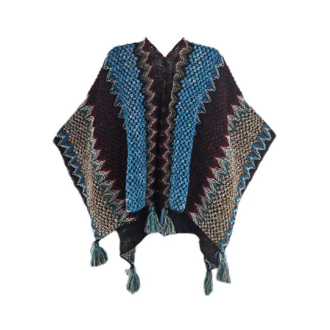 Shawl Wraps for Women Boho Knit Poncho Ladies Rainbow Casual Loose Striped Fringe Blanket Scarf