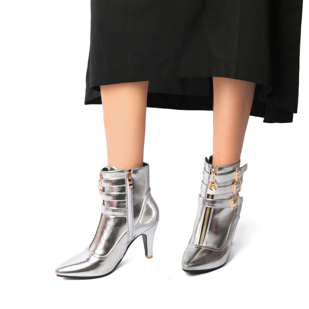 FOREADA Women Ankle Boots Pointed Toe Kitten High Heels Buckle Zipper Short Boots Ladies Fashion Shoes Autumn Winter