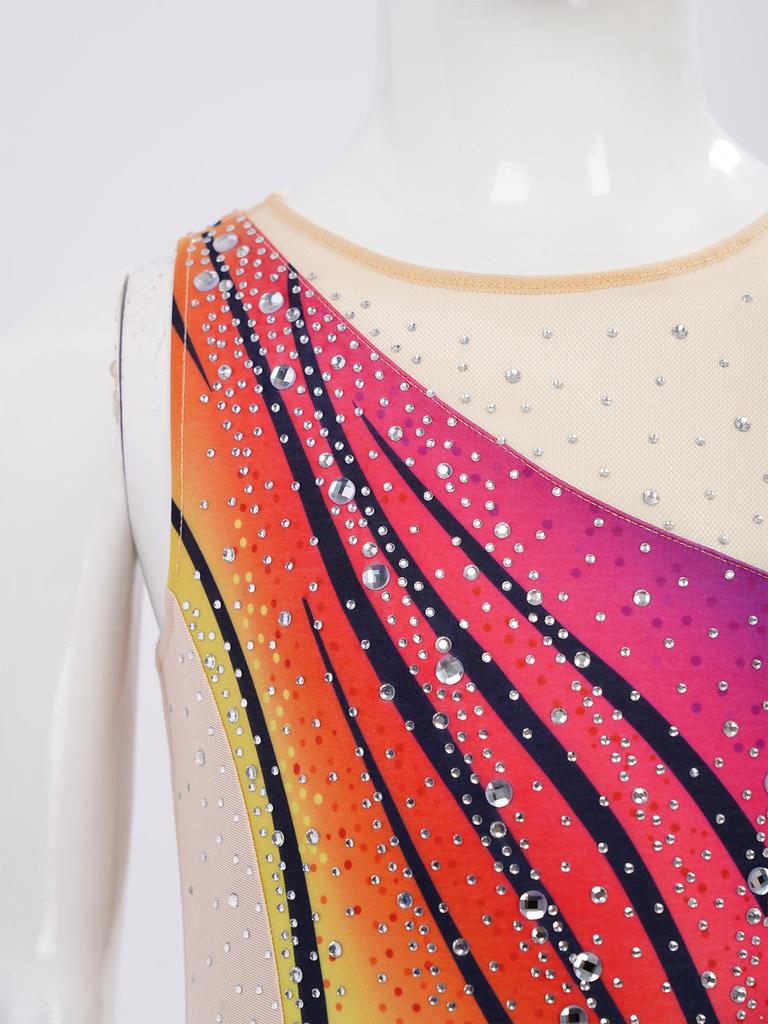 Maillot de ballet pour enfant à manches courtes, bloc de couleurs, strass, body en maille avec fermeture à pression à l'entrejambe pour gymnastique rythmique, spectacle sur scène