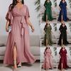 Plus Size Women Cross V Neck Frill Short Sleeve High Waist Long Banquet Evening Dress