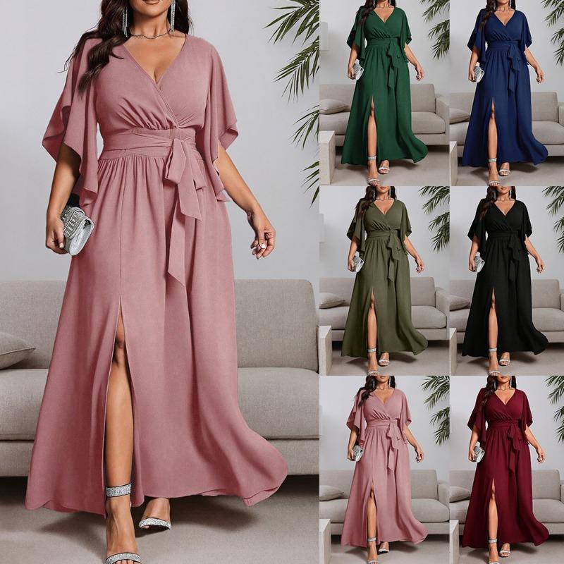 Plus Size Women Cross V Neck Frill Short Sleeve High Waist Long Banquet Evening Dress