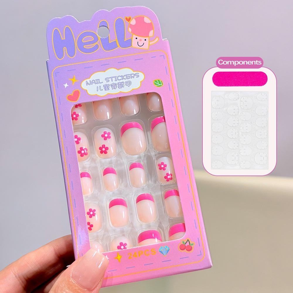 24Pcs/Box Cartoon Kids Press On Nails Black Flower French Tips False Nails Full Cover Fake Nails for Children Daily Holiday Wear