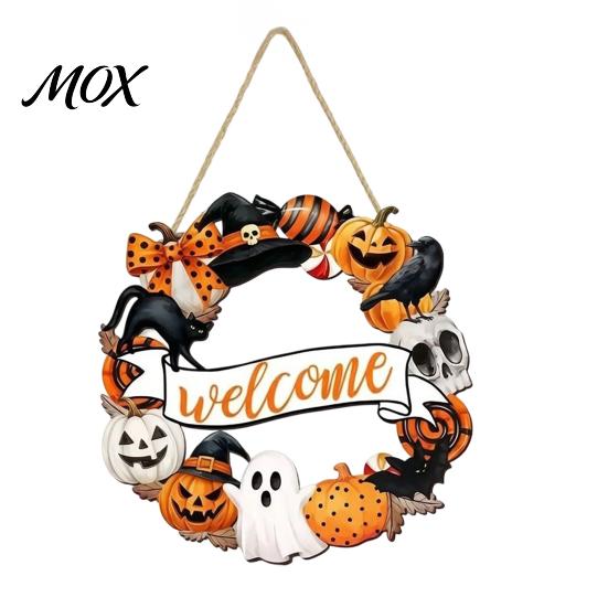 Scary Party Supplies Halloween Wooden Wreath Door Hanger Sign, Pumpkin Ghost Black Cat Witch Rustic Wall Art Bat Patterns, Hanging Plaque for