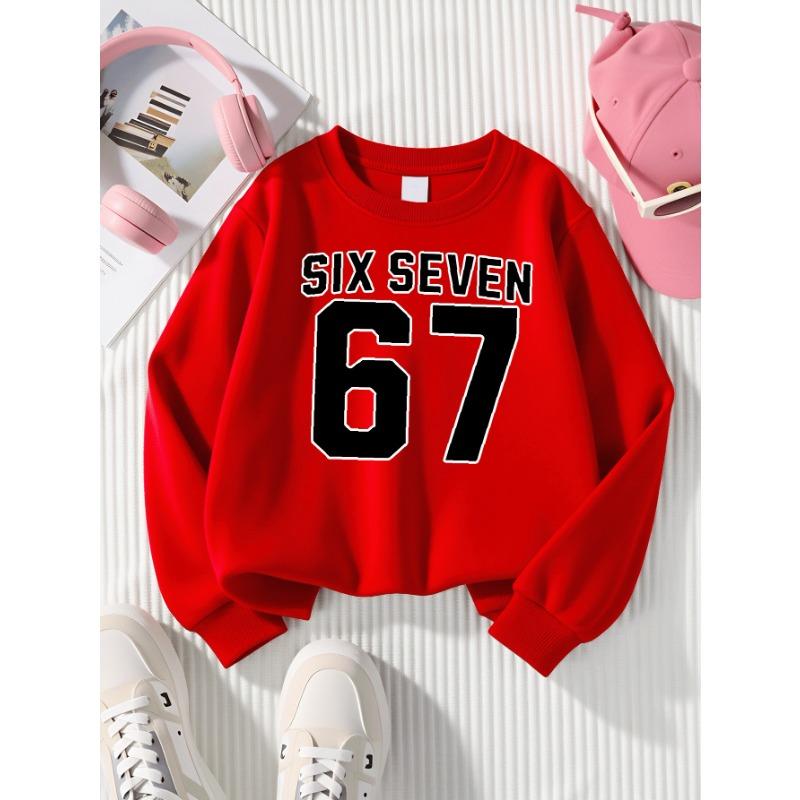 European Sizes Stylish Sweatshirt for Girls Featuring 67, Perfect for Autumn & Winter. Long-Sleeved Top In Various Colors, Casual Wear.
