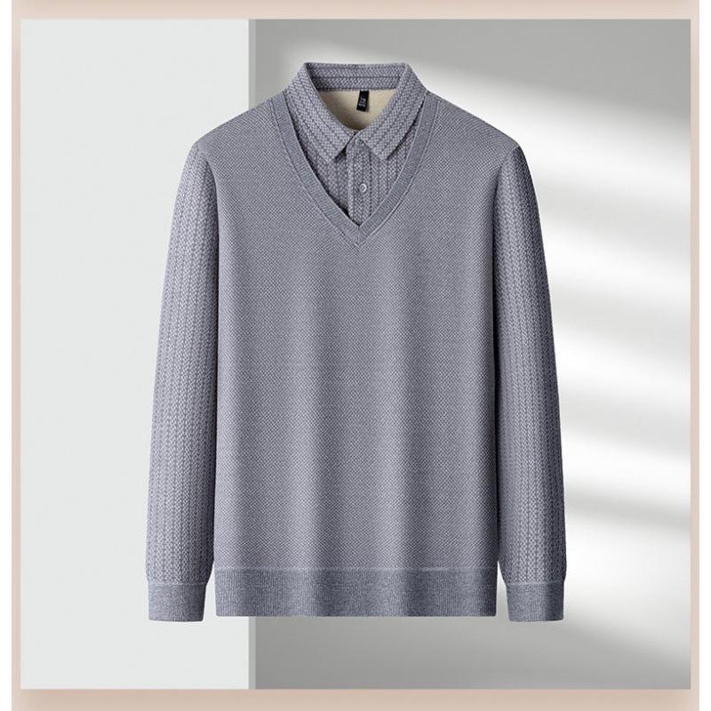 Men's Winter Plus Velvet Faux Two-Piece Knit Polo Sweater