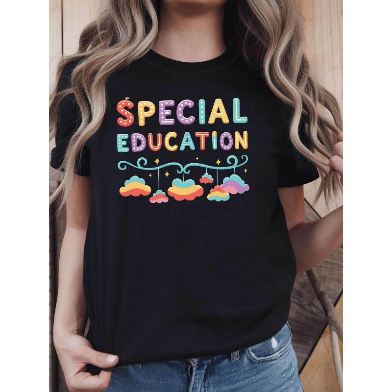 

Женская футболка - Топ для специального образования с разноцветным облаком, Повседневная летняя блузка с коротким рукавом для педагогов, персонала и родительских собраний S чёрный