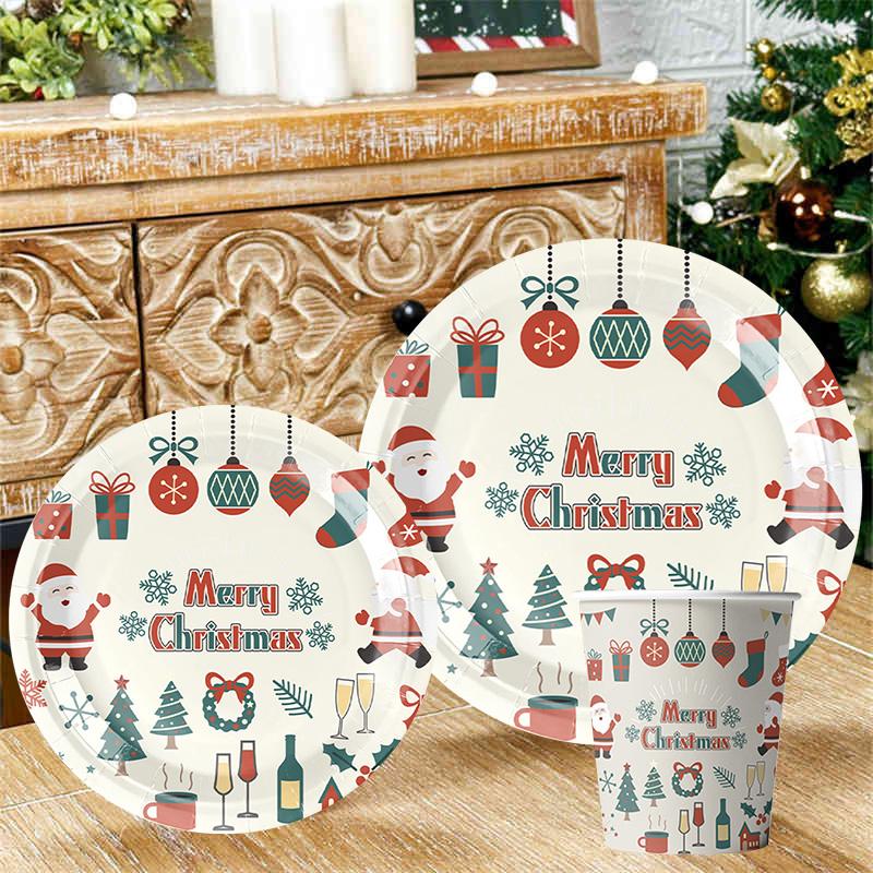 2025 Christmas Party Disposable Tableware Santa Claus Pattern Paper Plates Cups Christmas Tree Napkin Merry Christmas Supplies