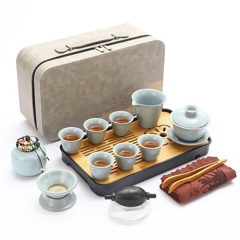 Qiuqiao Beige Ru Kiln Ceramic Travel Kung Fu Tea Set