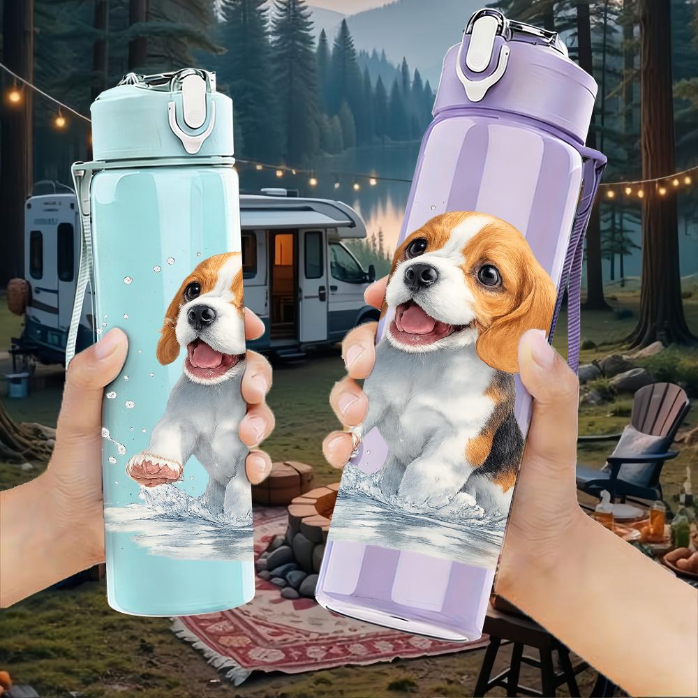 1 Pezzo Cucciolo di Beagle Ritratto con Schizzi d'Acqua 750ml Plastica Colorata Borraccia Sportiva Tappo Flip-Top Anti-Perdita Adatta per Sport Ufficio Uso Domestico