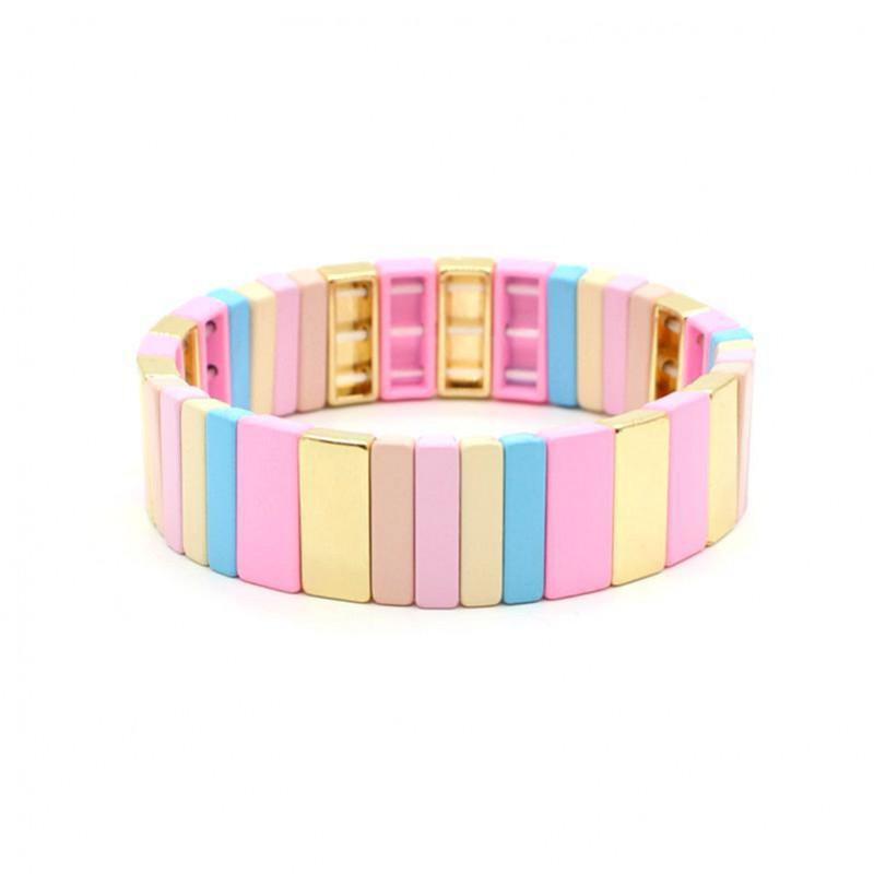 Geometric Enamel Bracelet With Rainbow Color Blocks Multi-Layer Stackable Boho Jewelry Travel Vacation Accessory