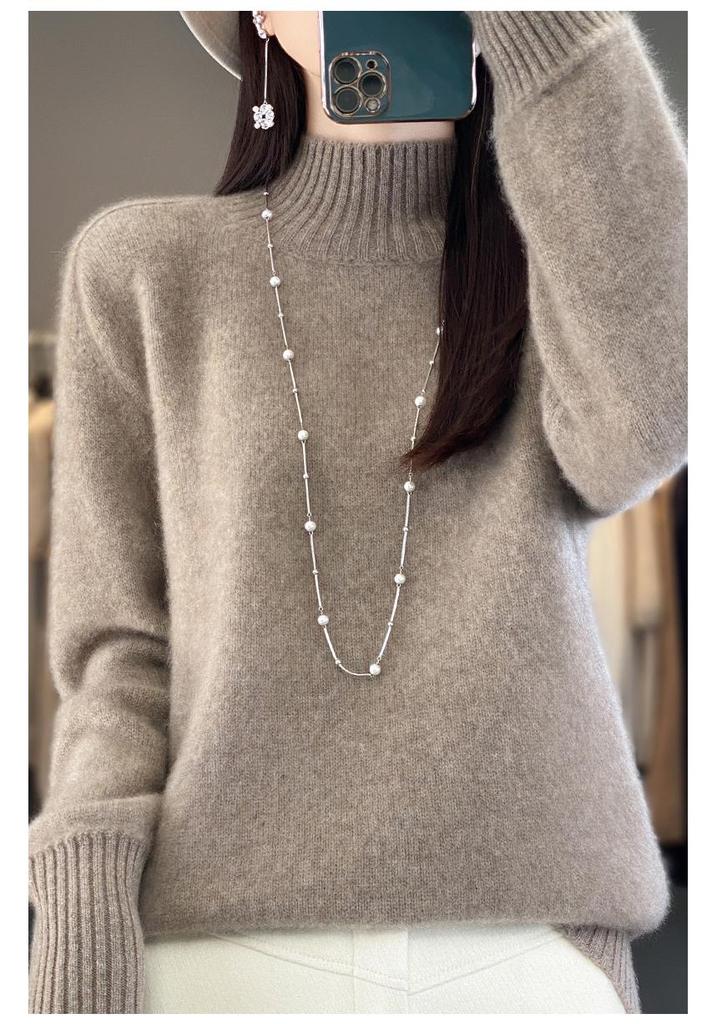 Women's Cashmere Wool Pullover: Half-High Neck, Loose Fit, Korean Style Knit Base Layer for Autumn/Winter