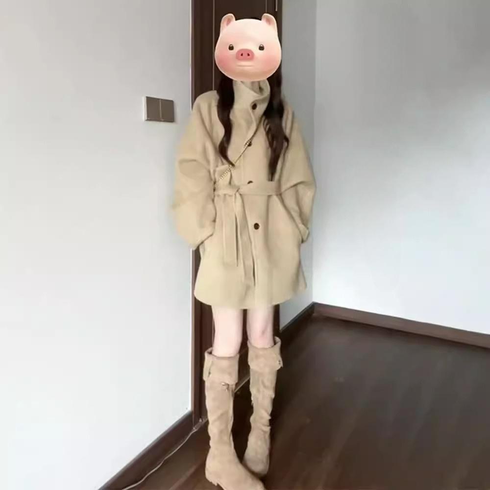 

Шерстяное пальто с воротником-стойкой женское осенне-зимнее высококлассное маленькое шерстяное пальто средней длины XS хаки