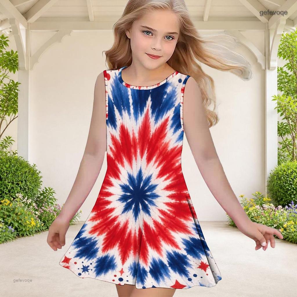 Girls Round Neck Sleeveless Navy Blue Starry Printed A Line Flared Dress