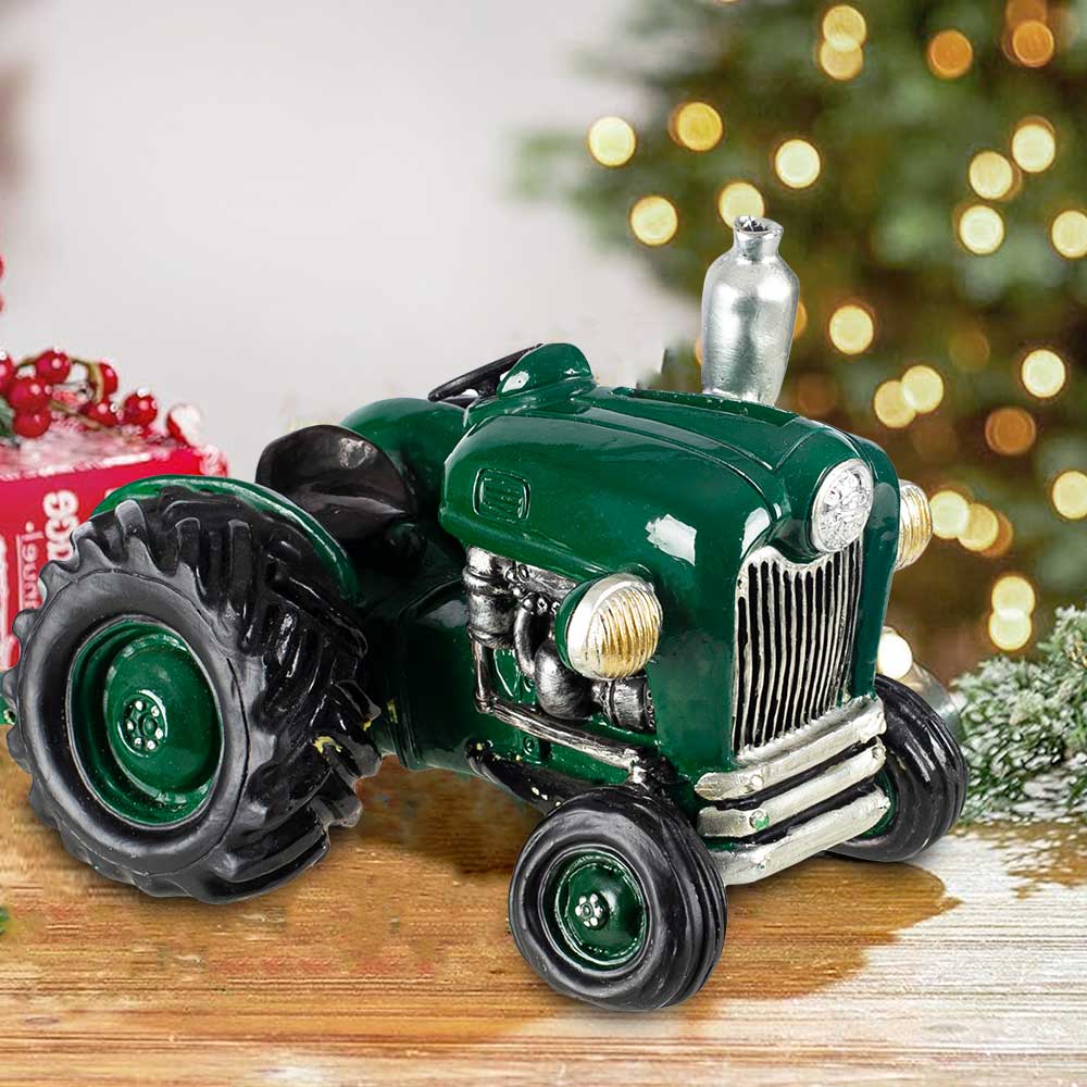 Green Tractor Home Decor Collectible Vehicle Figurine Saving Piggy Money Bank for Office Desk Bookshelf Indoor Ornament