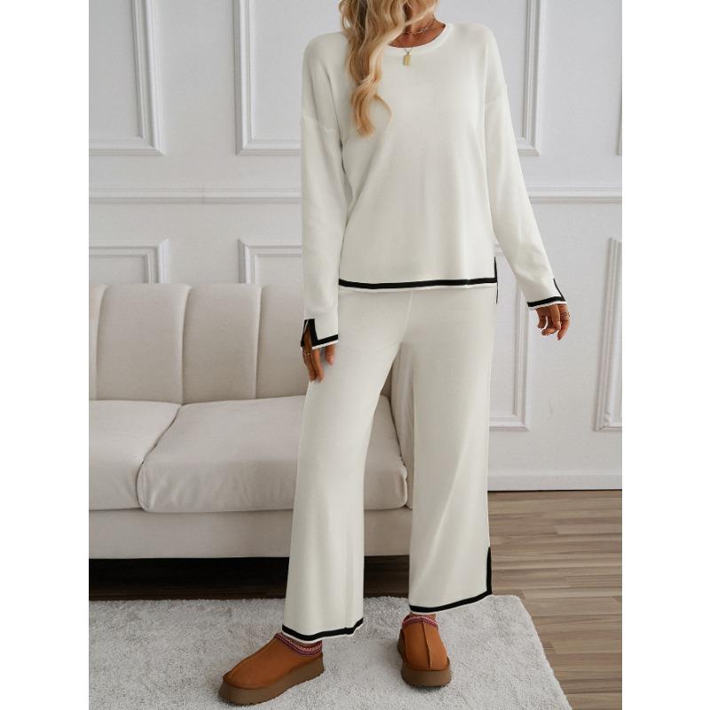 Women's Color Block Long Pants Round Neck Long Sleeve Loungewear Set