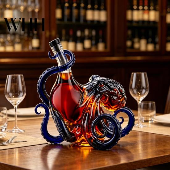 Nautical Spirits Bottle Octopus-Shaped Glass Decanter, 3D Artistic Borosilicate for Whiskey Wine Soda, Ocean Themed Bar Decor 350ml Decorative Liquid