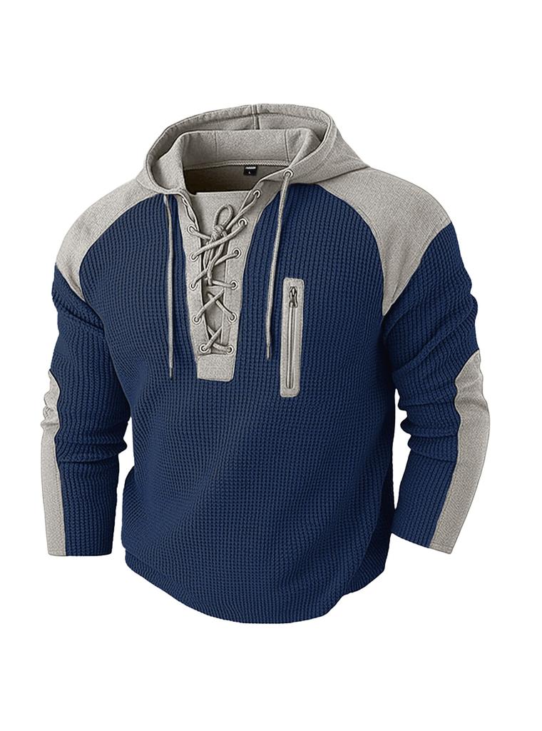 Men's Drawstring Hoodie Waffle Color Block Casual Athletic Sweatshirt Pullover