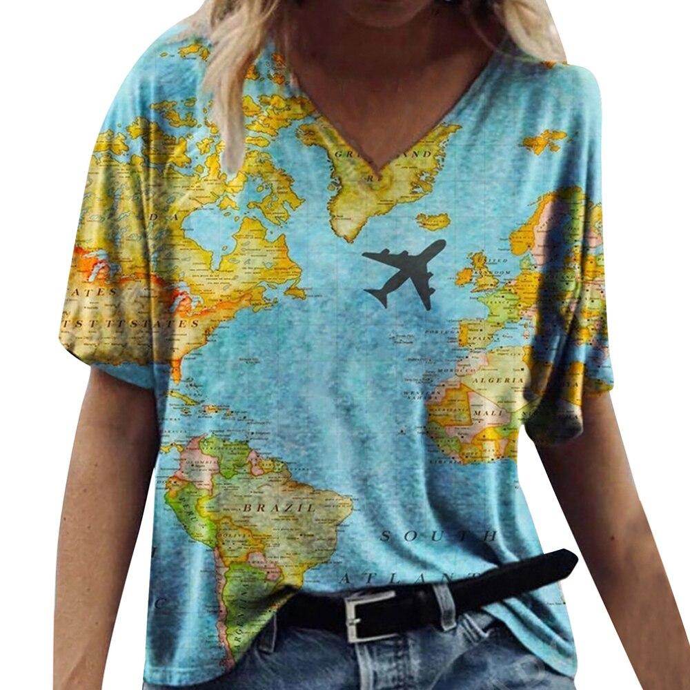Fashion Spring  Map Print Blouses Short Sleeved V-Neck T Shirts Casual