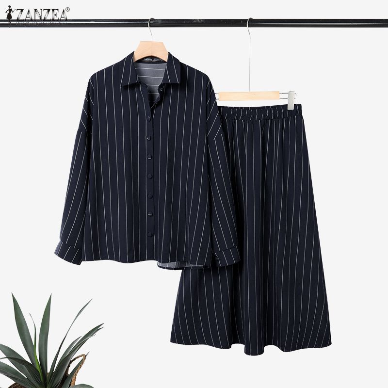 ZANZEA Women Long Sleeve Blouse and Long Skirts Stripe Print Two Piece Suit Sets