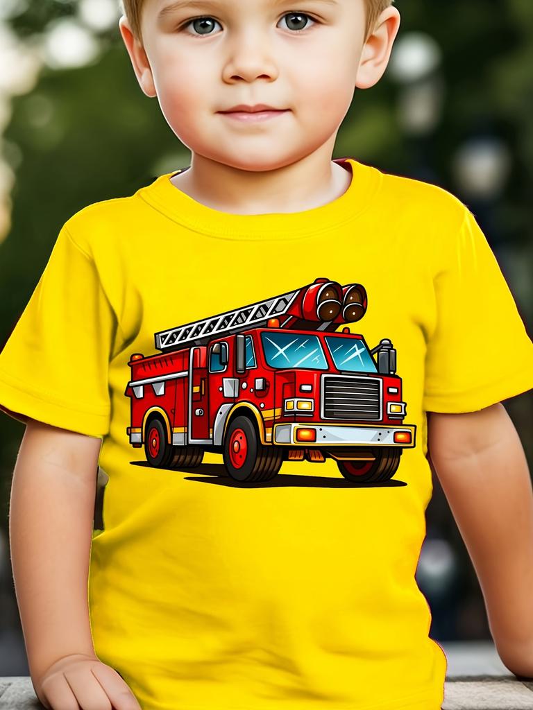 Cartoon Rotes Feuerwehrauto Feuerwehr Fahrzeug Kunst Grafikdruck T-Shirt Familienpassend Jungen Mädchen Kinder Kurzarm Tägliche T-Shirts
