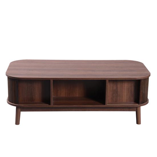 Couchtisch, Rattan-Couchtisch, Schubladen mit Rattan und Schiebetüren mit Massivholzleisten, Beine aus Massivholz, Natürlicher Landhausstil