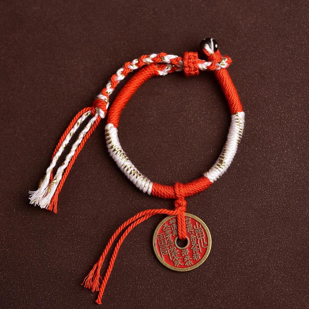 Bracelet Tissé Tibétain Fait Main Réglable avec Fleur Fantôme de Montagne & Perle Dzi d'Argent