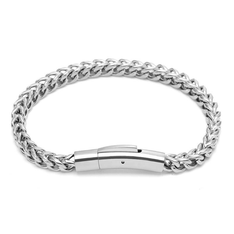 Mens Stainless Steel Polished Geometric Link Bracelet With Reversible Twisted Bone Chain Design Steel 19cm