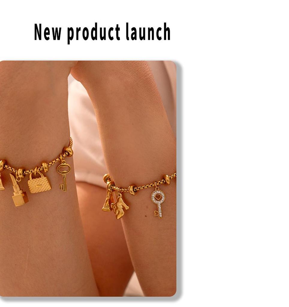 Trendy European-American Multi-Element Rhinestone Pendant Bracelet, Adjustable Retro 18K Gold-Plated Titanium Steel Jewelry