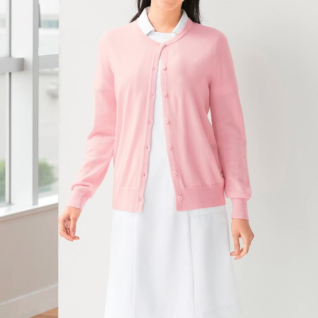 Washable Smooth Cotton Round Long Suitable for Office and Everyday Cold Size White [Anfamie] Cardigan, Blend, Neck, Length, Nurses, Workers, Wear,