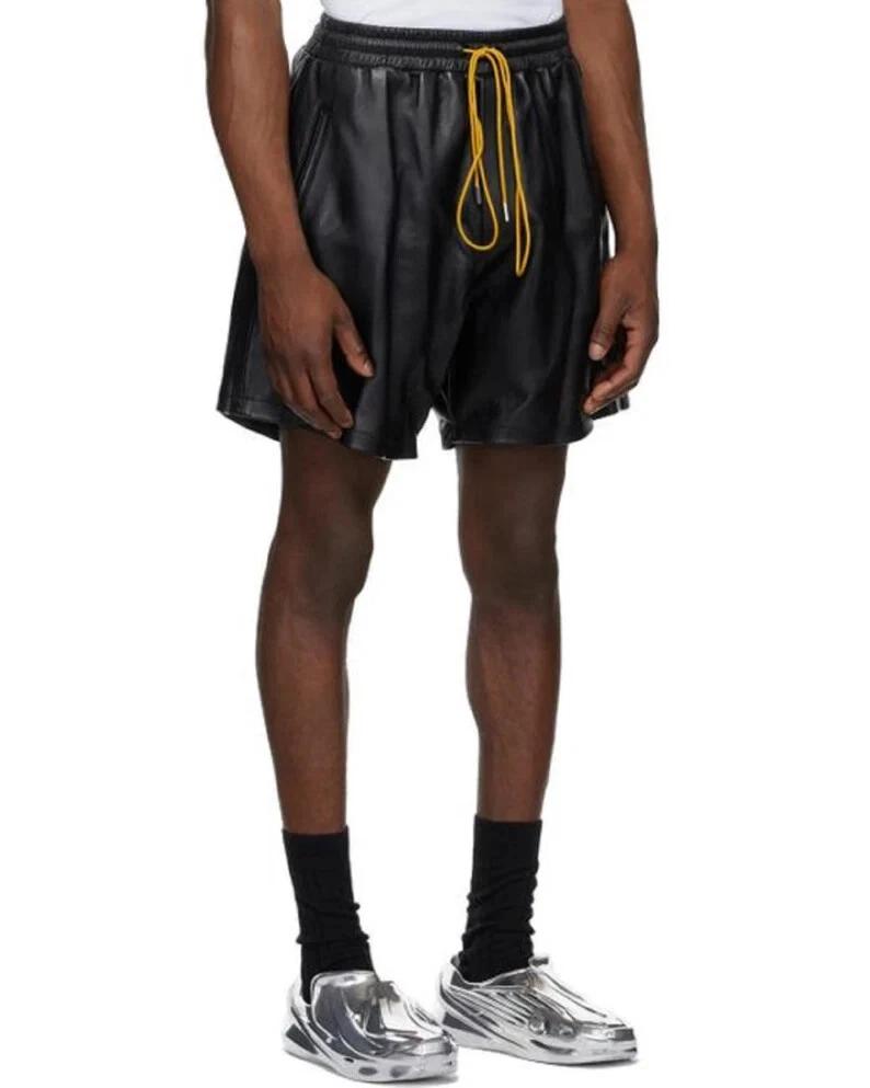 Handmade Leather Black Men's Pants Gym Sports Short Genuine Boxer With Pocket Lambskin