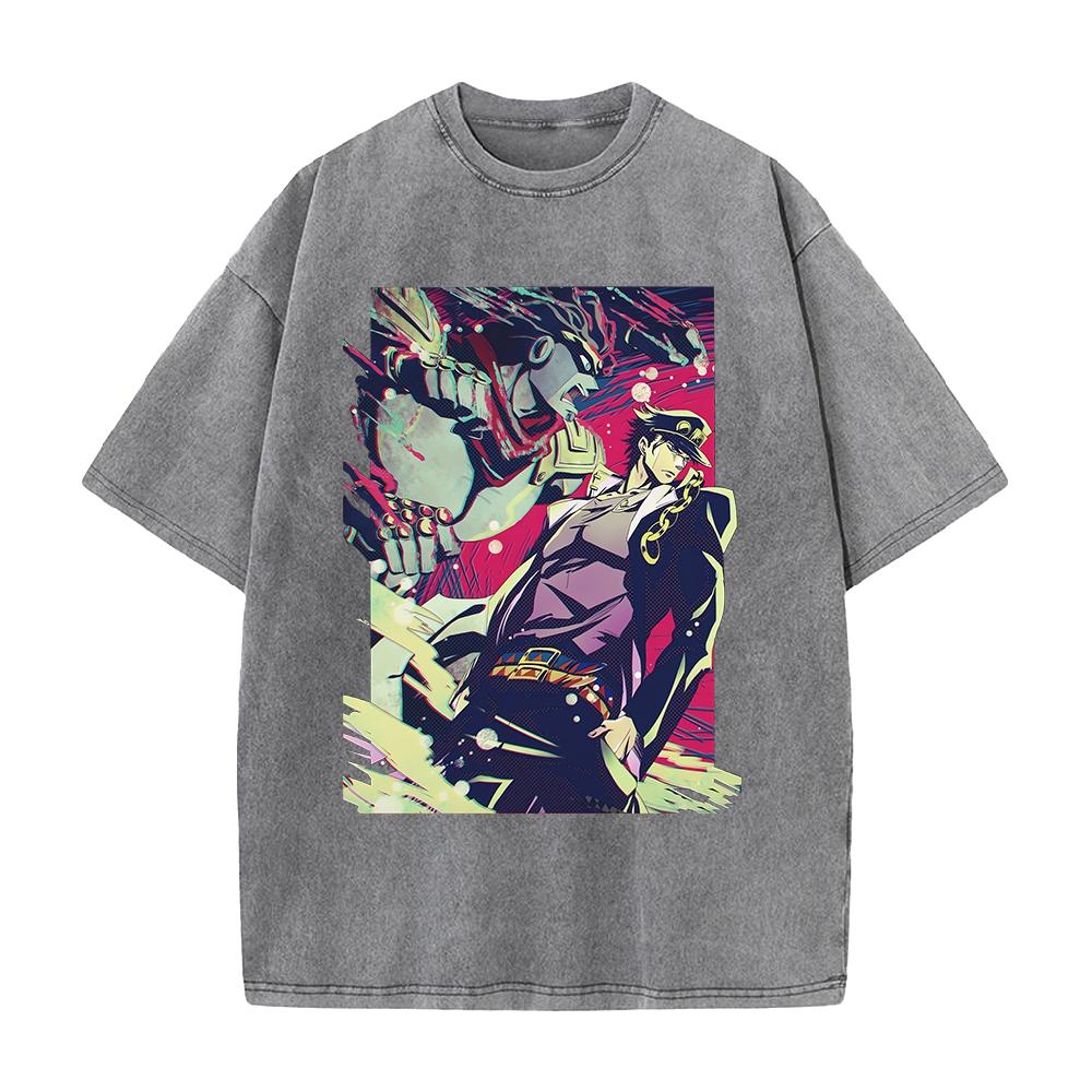 JoJo's Bizarre Adventure Jotaro Kujo Graphic T Shirt Men Women Washed Cotton Tshirts Vintage Casual Clothing Anime Streetwear